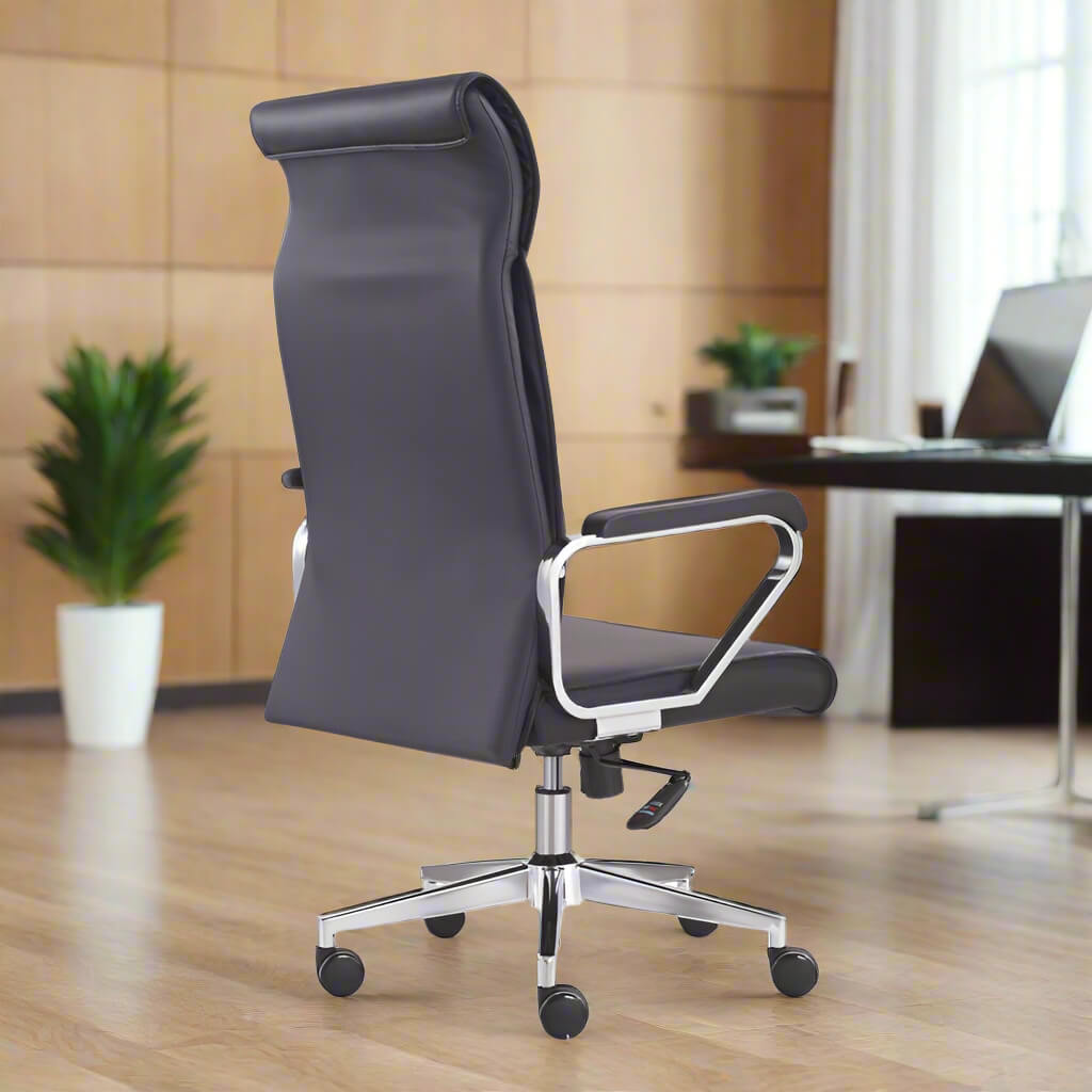 The back of a black leather office chair sold on WorkZen Interiors