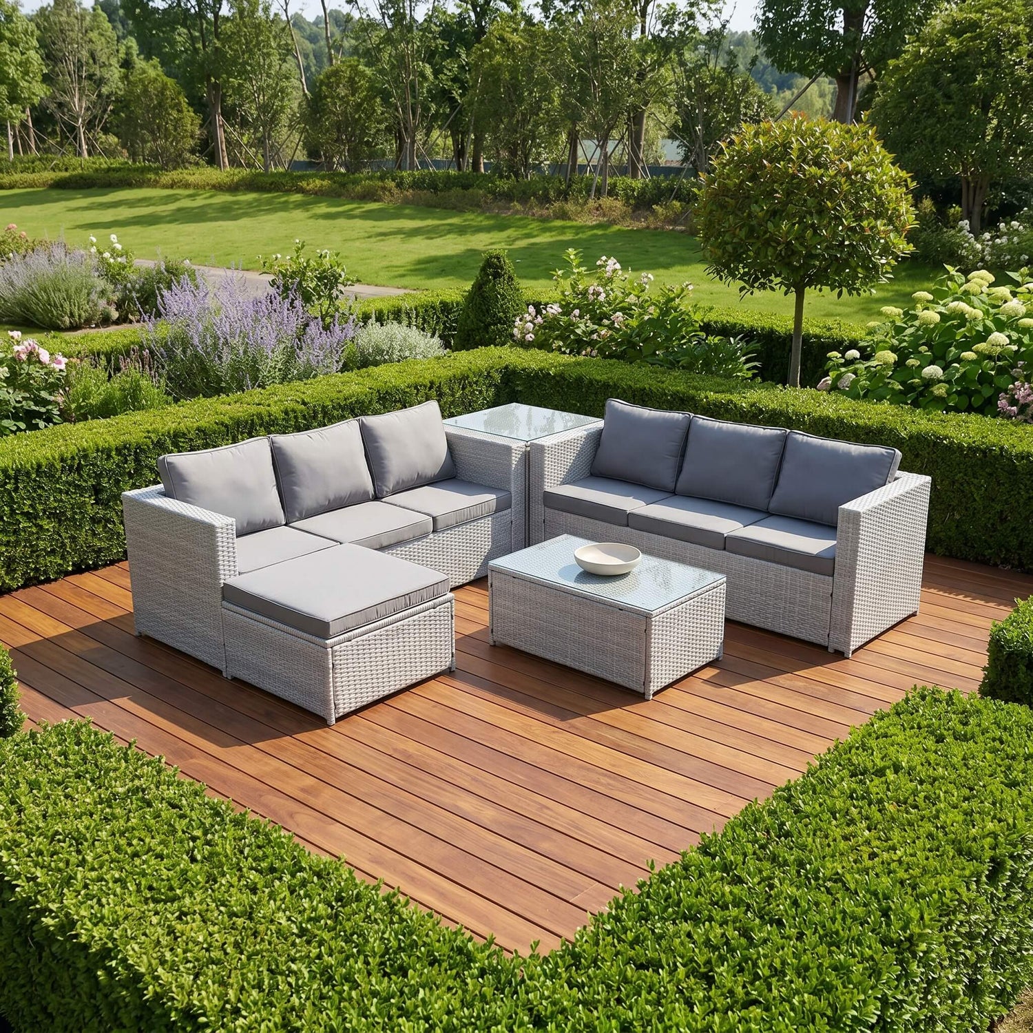 Light Grey Outdoor Rattan Garden Furniture Set located in a patio