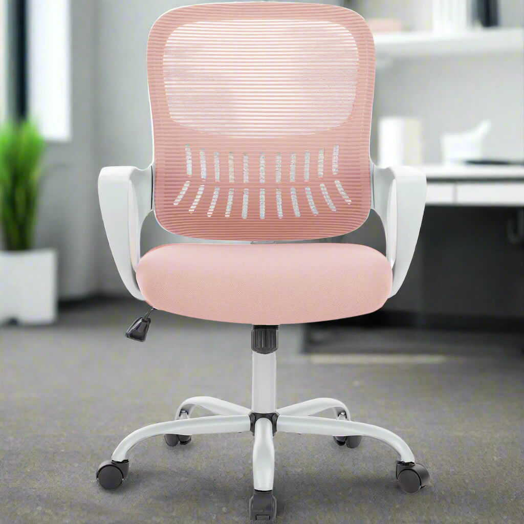 A pink mesh back office desk chair sold by WorkZen Interiors