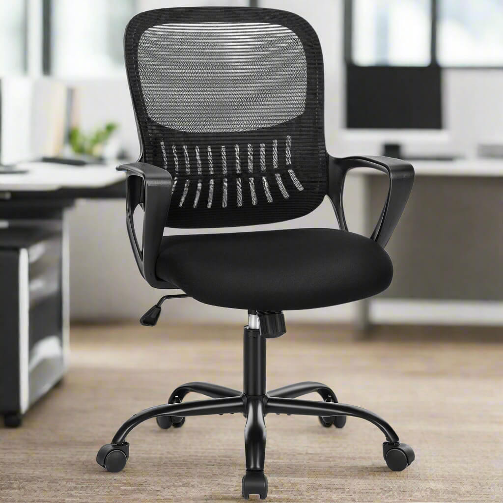 A black mesh back office desk chair sold by WorkZen Interiors