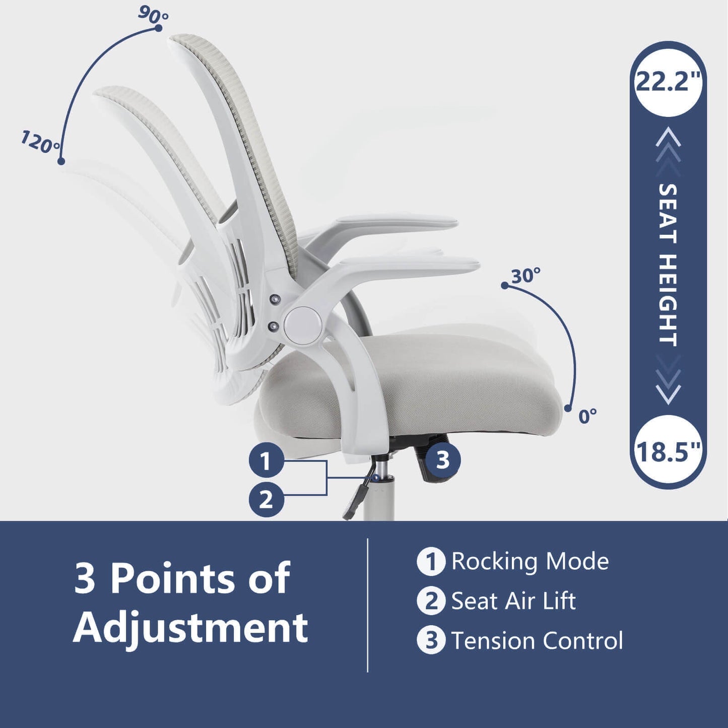 3 point of adjustment of the gray mesh back office desk chair sold by WorkZen Interiors