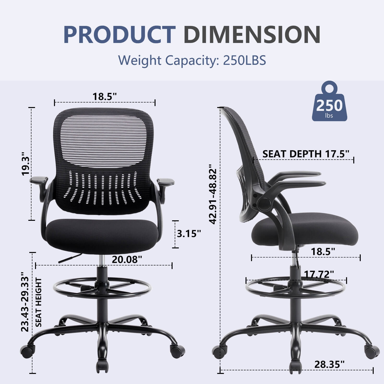 Dimensions of the black mesh back office desk chair sold by WorkZen Interiors