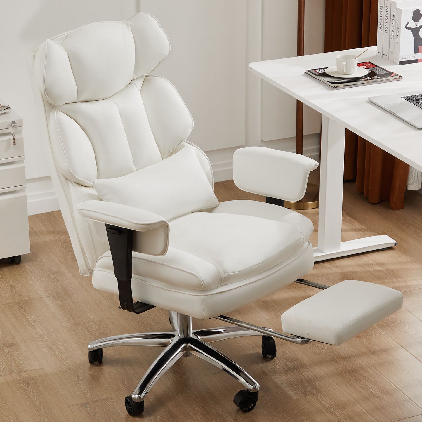 A white executive office chair sold by WorkZen Interiors