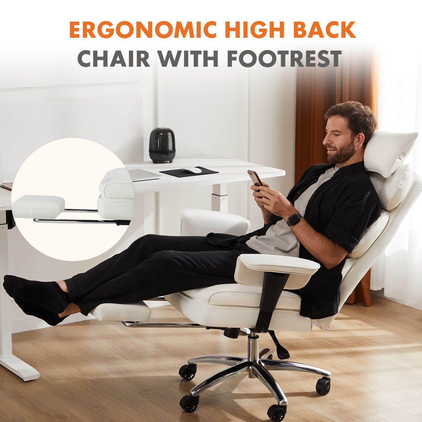 A man on his phone and enjoying the reclining function of a white executive office chair 