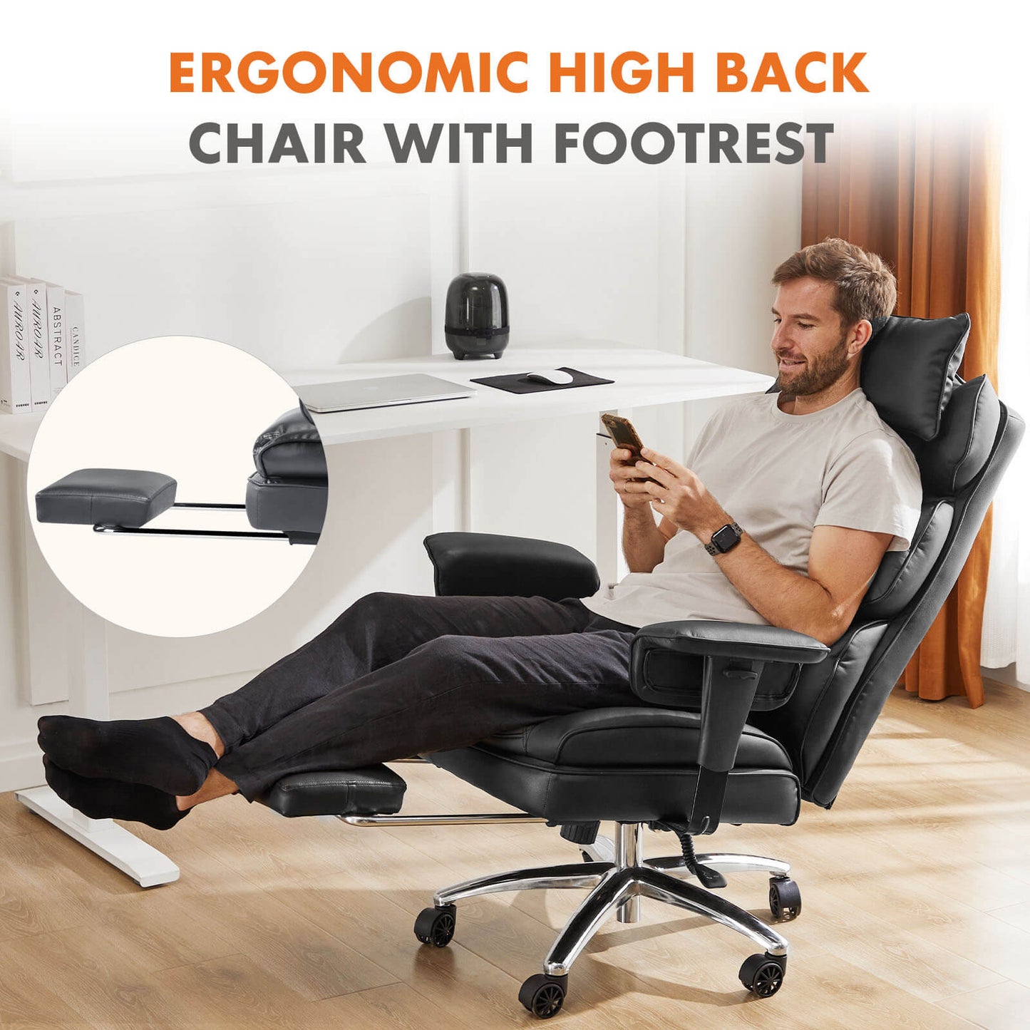 A man on his phone and enjoying the reclining function of a black executive office chair 