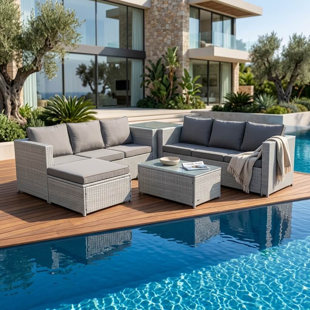 A Light Grey Outdoor Rattan Garden Furniture Set located by a pool side
