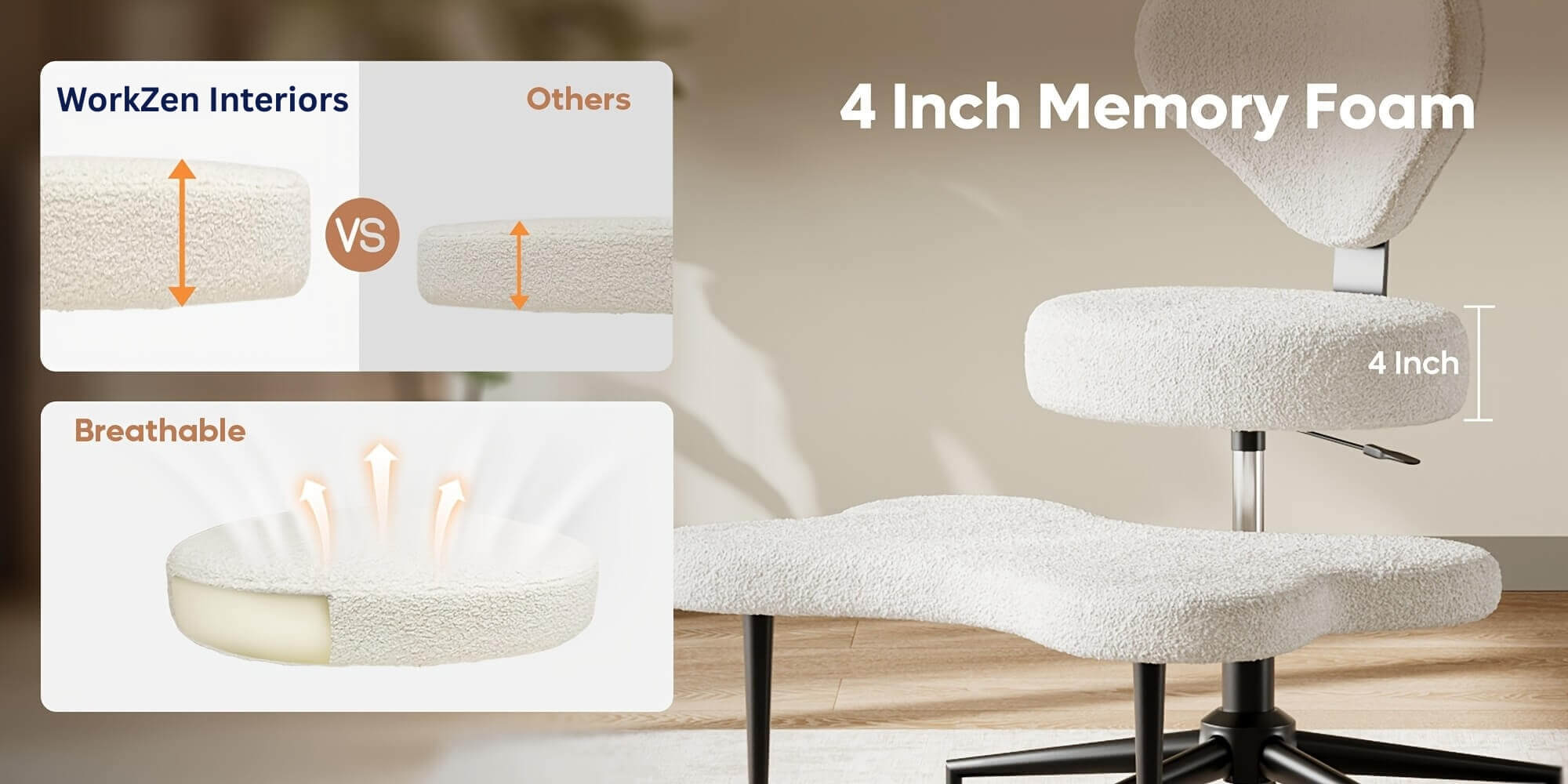Meditation chair with 4-inch memory foam cushion, comparison with 'Others', and text highlighting features.