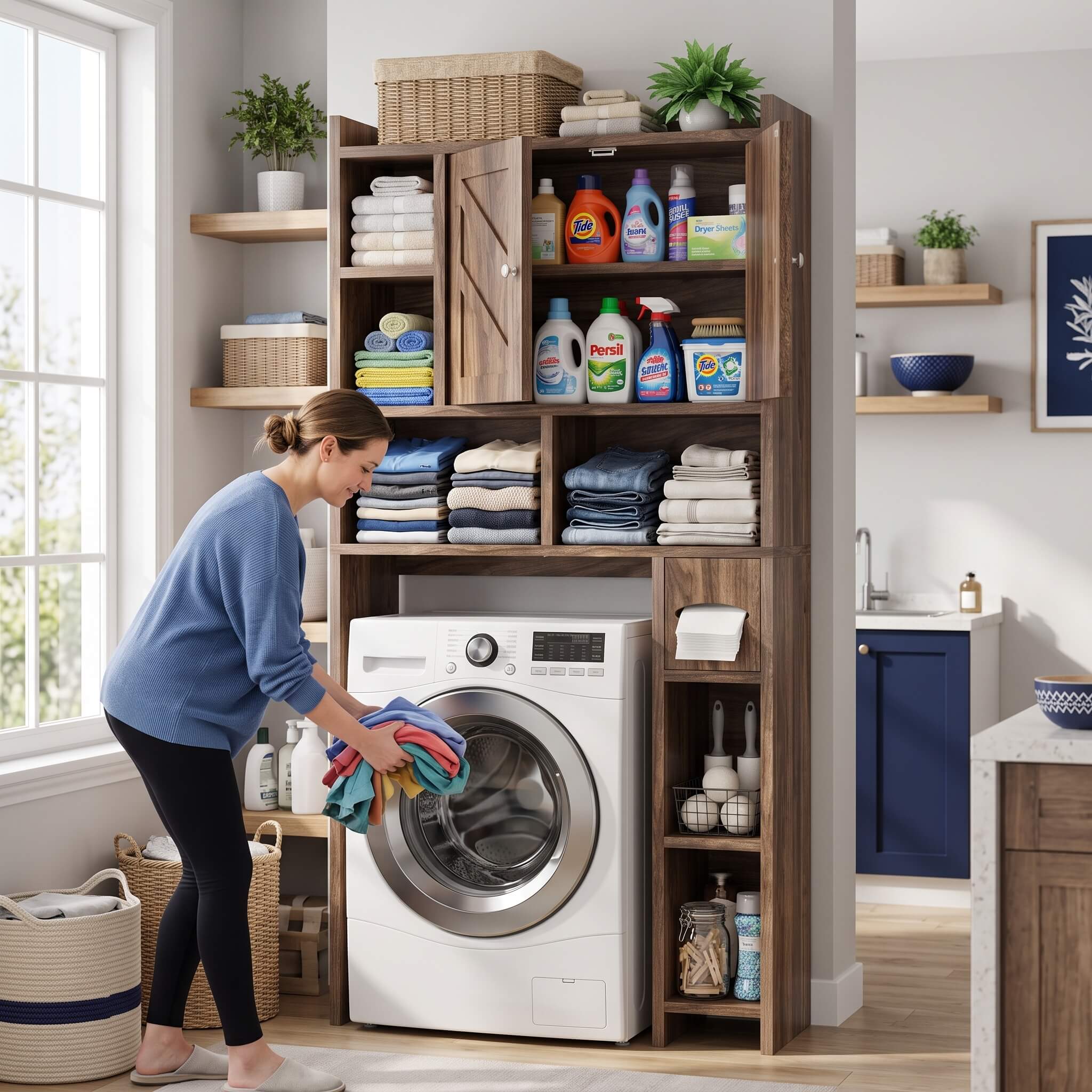 A woman in a blue sweatshirt and black leggings loads a white front-loading washing machine with colorful towels, set in a bright, modern laundry room featuring a tall above the toilet storage cabinets​.