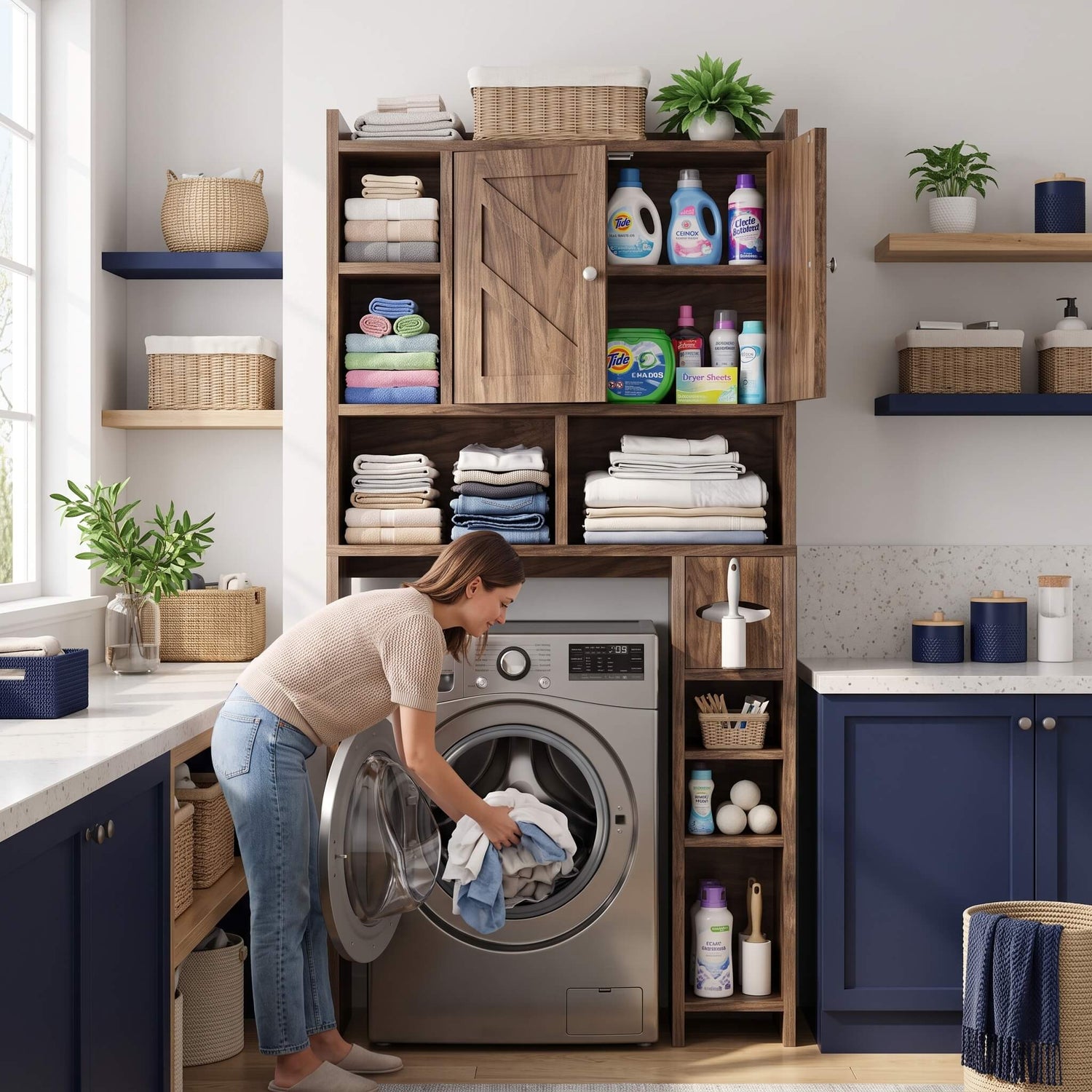 A woman in a beige top and blue jeans loads laundry into a stainless steel front-loading washing machine tucked under a tall over the toilet storage cabinet with doors​ in a bright, modern laundry room.