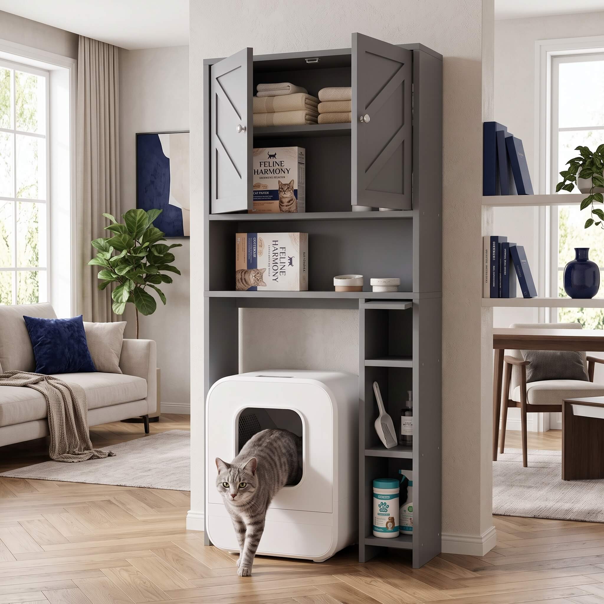 A gray tall toilet paper cabinet storage with two upper doors and open shelves stands in a bright living room. A white cat litter box is placed in front of the cabinet, and a gray tabby cat is stepping out of it.