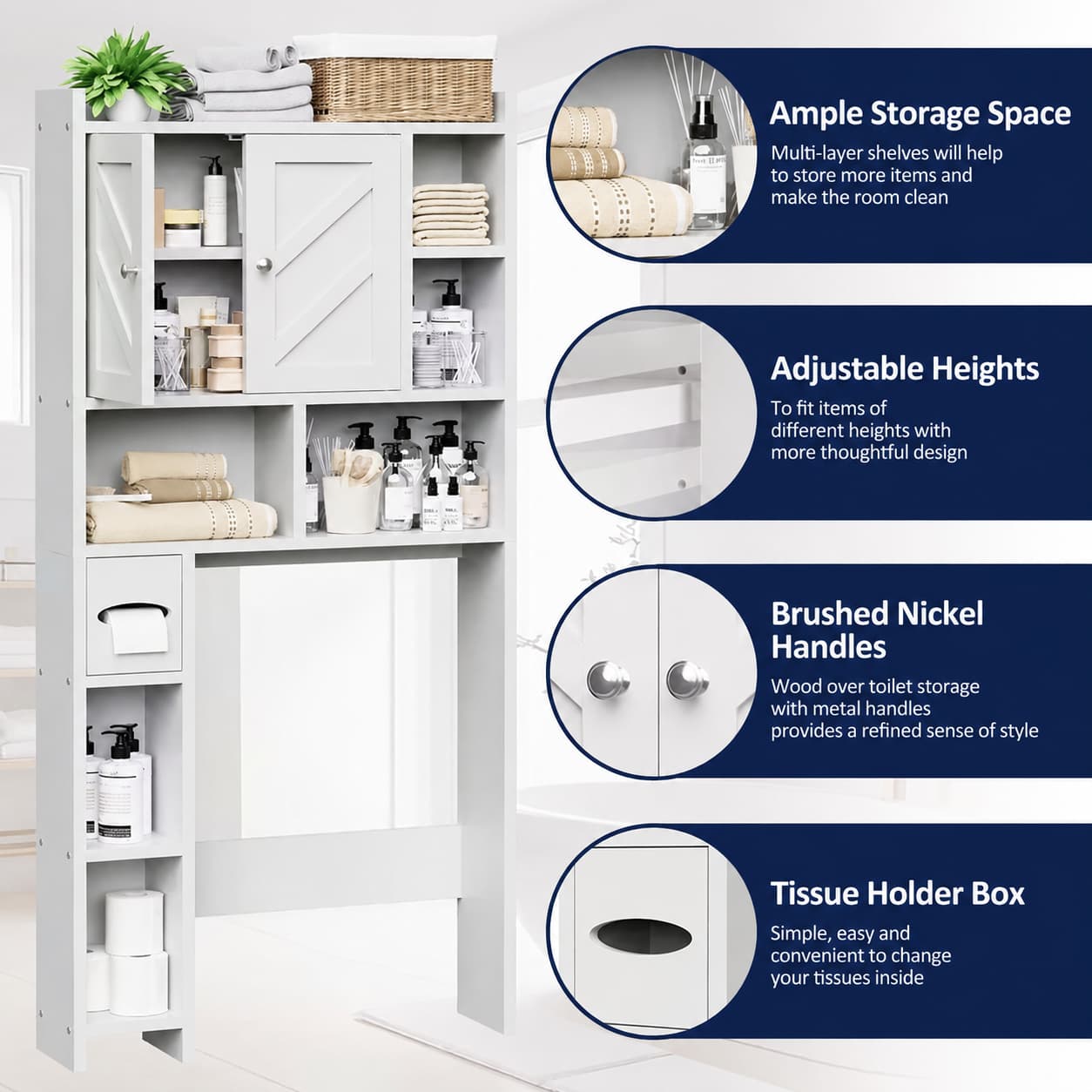 White toilet paper cabinet storage​ with shelves, a barn-style door, tissue holder box, and adjustable-height shelves, shown beside four circular feature callouts describing ample storage space, adjustable heights, brushed nickel handles, and a tissue holder box.