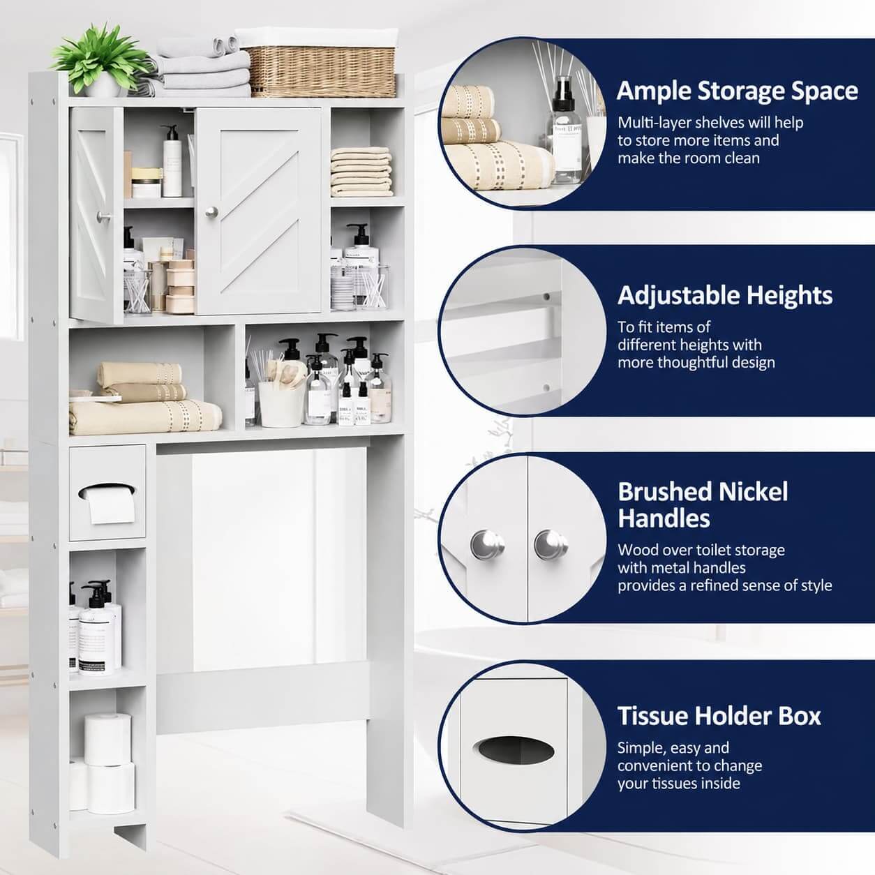 White bathroom storage organizer cabinet with shelves, a barn-style door, tissue holder box, and adjustable-height shelves, shown beside four circular feature callouts describing ample storage space, adjustable heights, brushed nickel handles, and a tissue holder box.