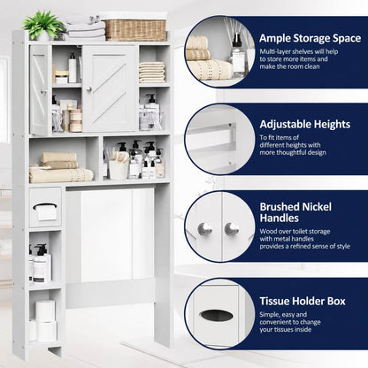 White bathroom storage organizer cabinet with shelves, a barn-style door, tissue holder box, and adjustable-height shelves, shown beside four circular feature callouts describing ample storage space, adjustable heights, brushed nickel handles, and a tissue holder box.
