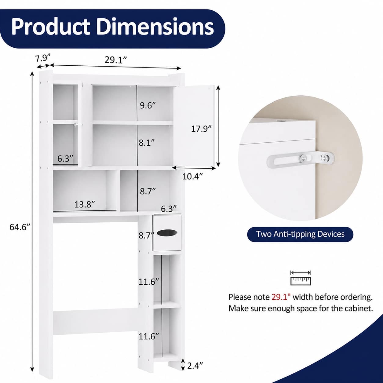 Product dimensions diagram of a white toilet paper storage cabinet​ with multiple compartments, shown with measurements, an inset showing a door-mounted safety latch, and text noting two anti-tipping devices.