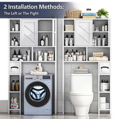 A white modular bathroom storage cabinet system shown in two installation configurations: one with a washing machine and one with a toilet. The image includes a text header at the top that reads '2 Installation Methods: The Left or The Right'.