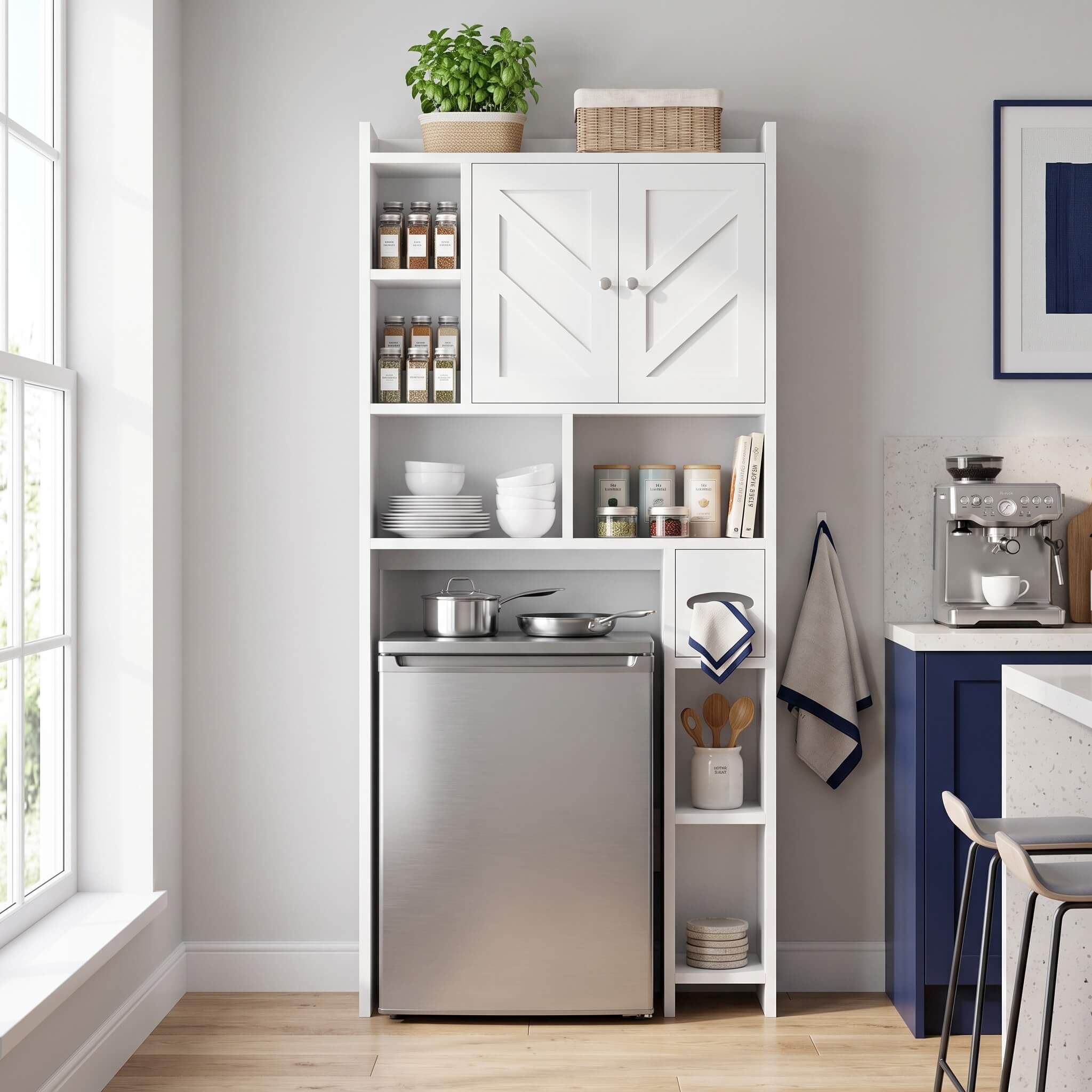 A tall white over the toilet storage cabinet​ with two upper doors, open shelves, and a lower stainless steel refrigerator, shown in a bright kitchen setting with a window, countertop, and blue cabinet.