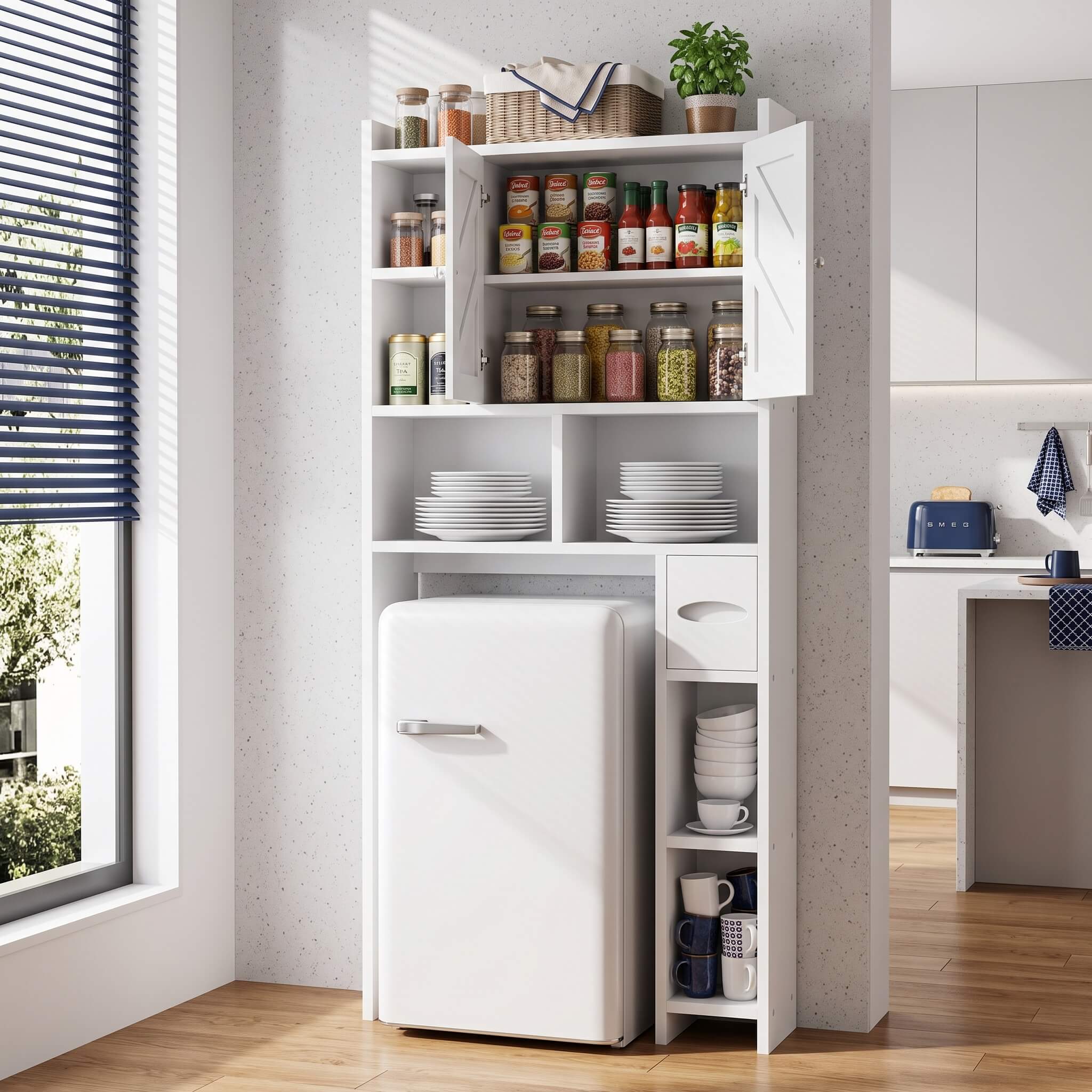 A tall bathroom storage cabinet with toilet paper holder with open shelves and a small refrigerator attached at the bottom, shown in a bright kitchen setting with jars, plates, and greenery.