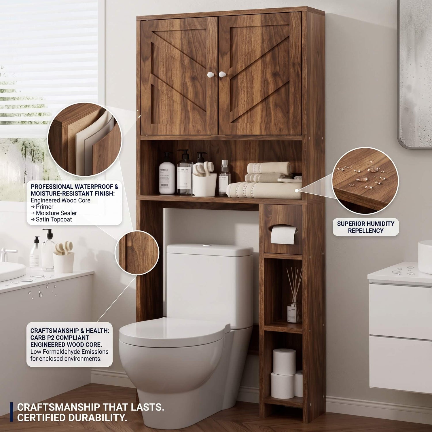 A tall wooden bathroom storage cabinet with two upper doors, open shelving, and open side compartments, shown installed beside a toilet in a bathroom. Callout circles highlight waterproof and humidity-resistant finish, wood grain texture, and P2 compliant engineered wood core.