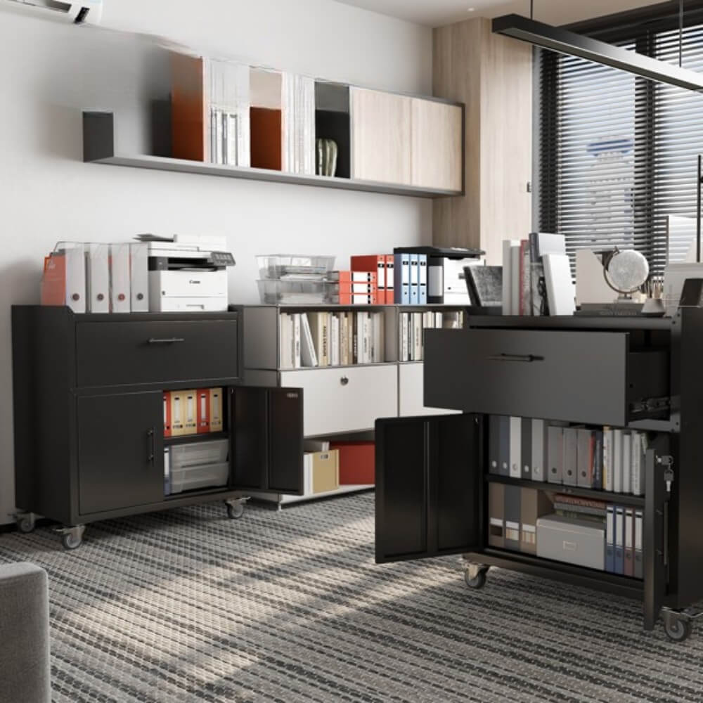 A Metal Storage Cabinet With Lock sold by WorkZen Interiors