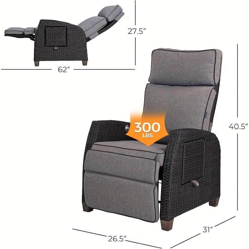 Gray recliner chair with dimensions and weight capacity label on a white background