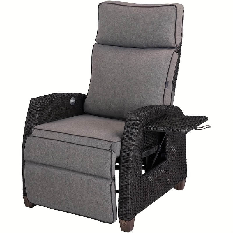Gray recliner chair with wicker frame on a white background