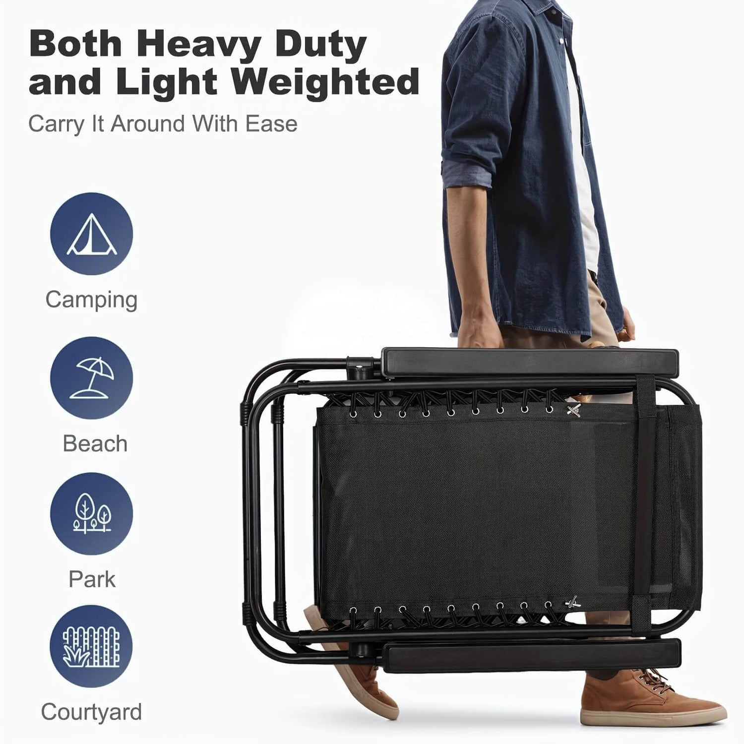 Person carrying a portable patio recliner with text indicating its versatility for camping, beach, park, and courtyard use.