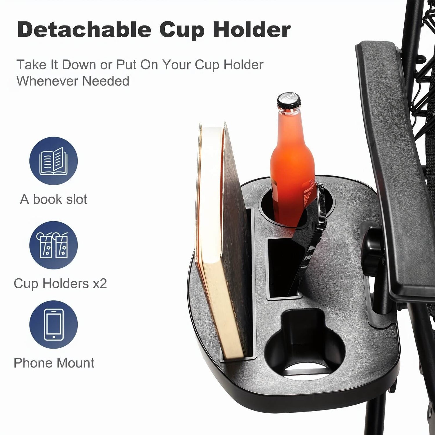 Detachable cup holder with book slot, cup holders, and phone mount on a white background