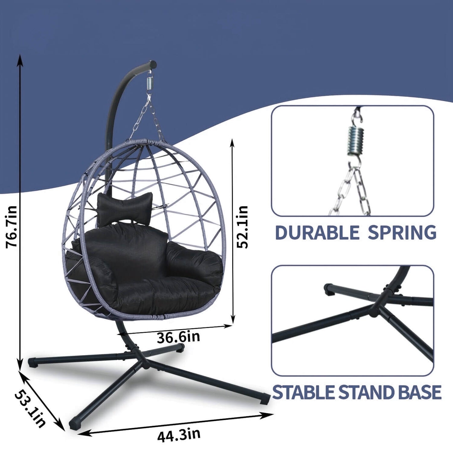 Hanging egg chair with dimensions and features highlighted on a blue and white background