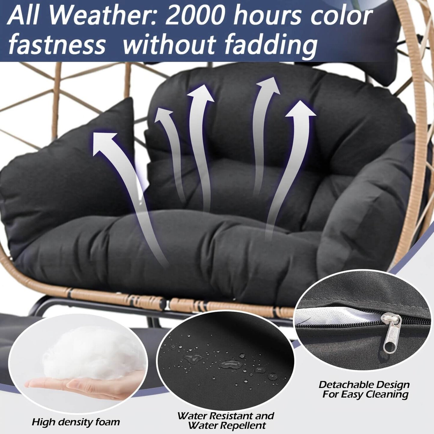 Black cushion on a chair with text about color fastness, high density foam, water resistance, and detachable design.