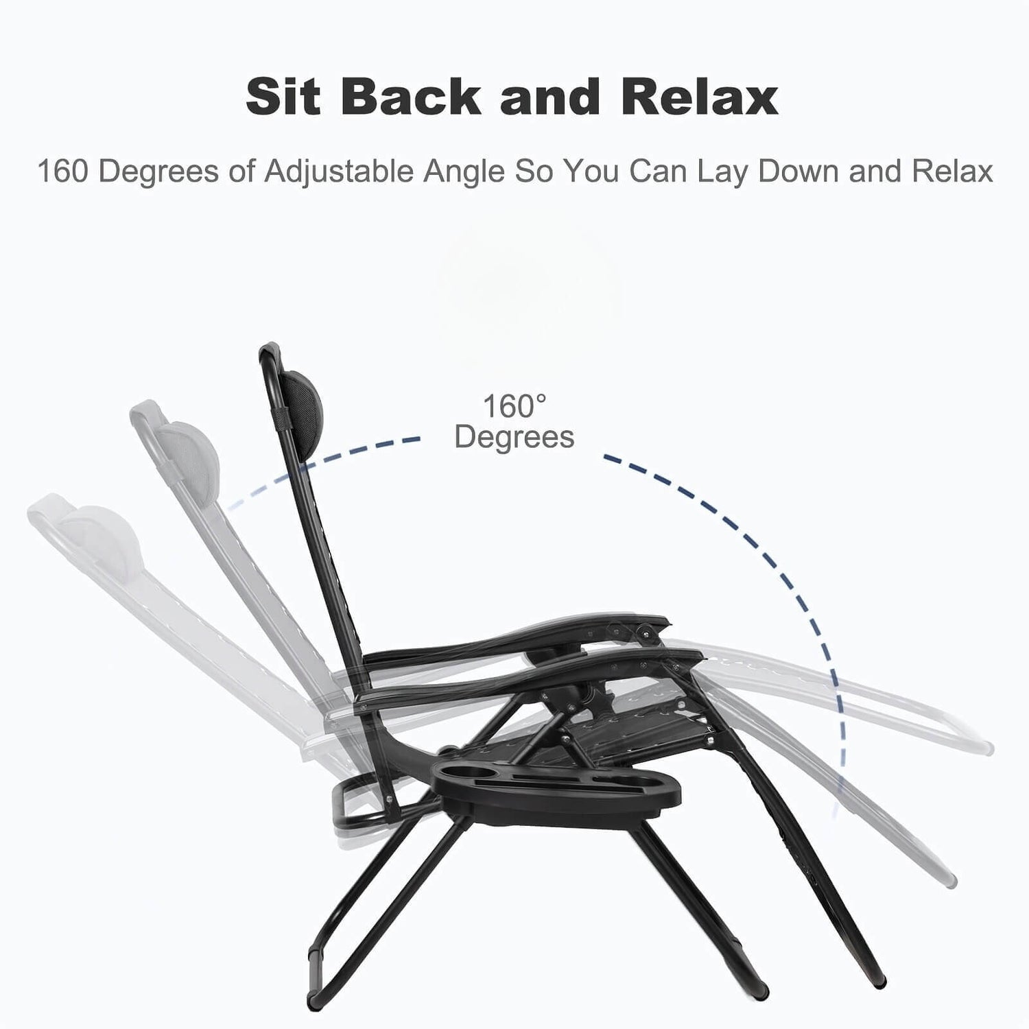 Black adjustable patio recliner with reclining feature on a white background