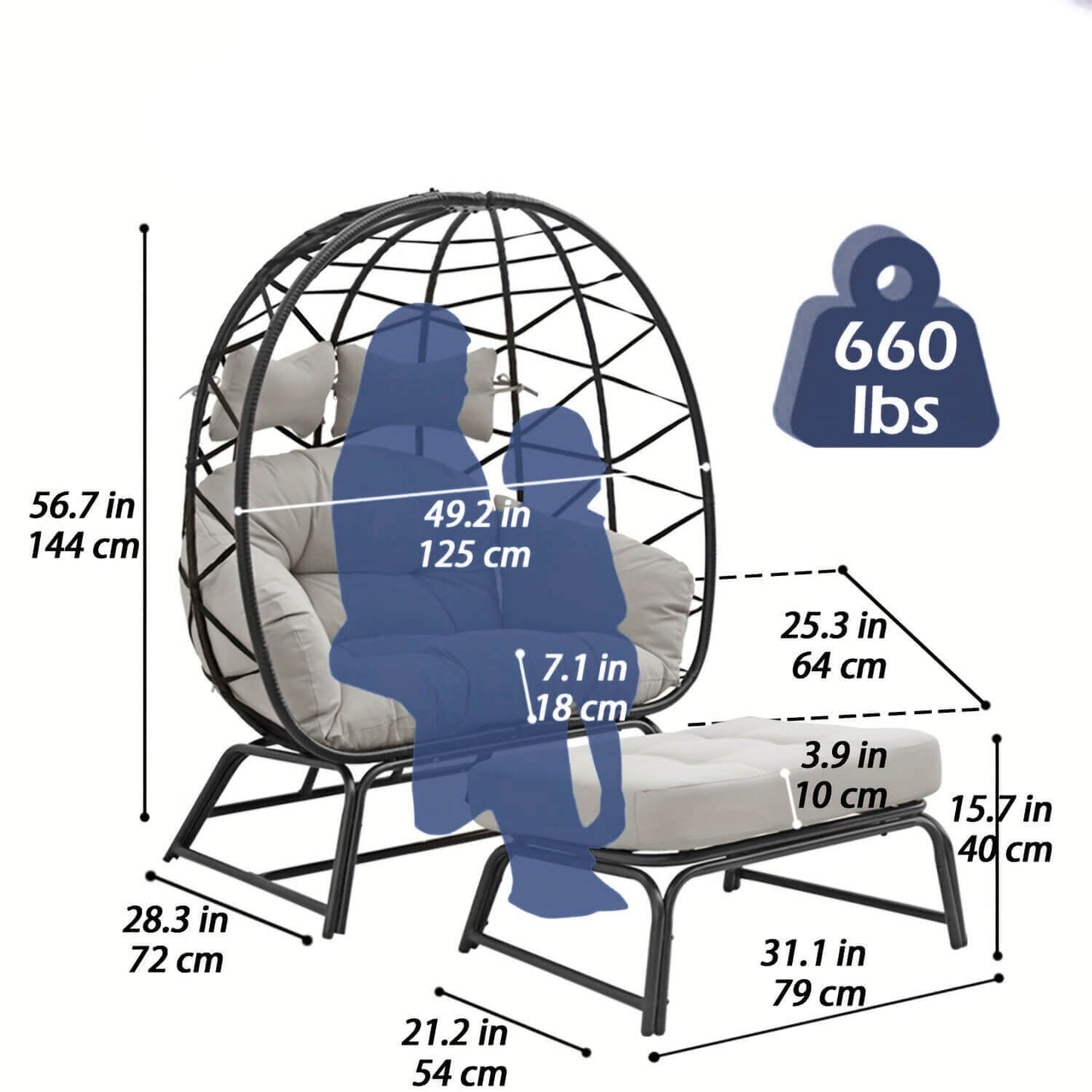 Egg chair with dimensions and weight capacity displayed