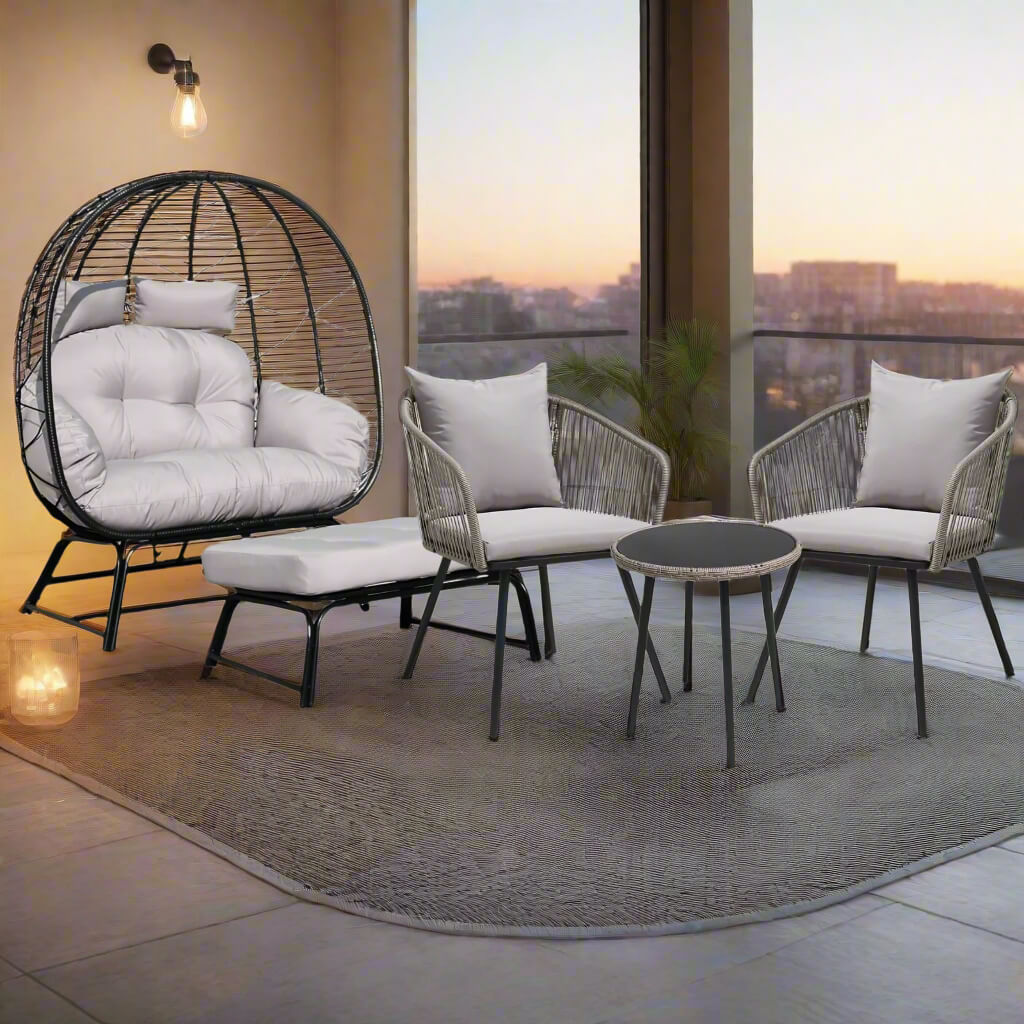 Outdoor patio set with wicker chairs and table on a balcony with cityscape view.