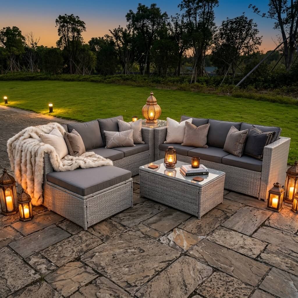 A Light Grey Outdoor Rattan Garden Furniture Set located in a patio