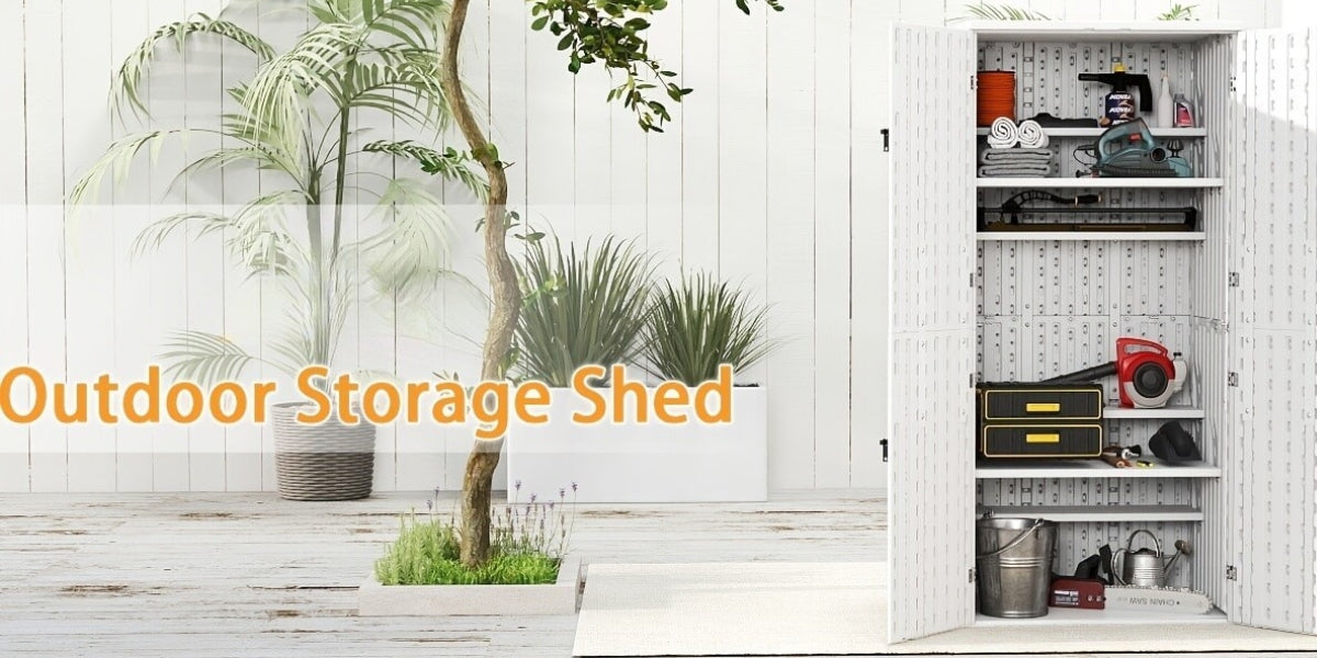 Resin outdoor storage shed with tools and equipment inside, surrounded by plants.