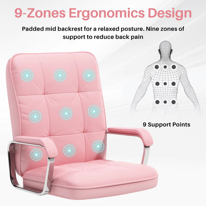 A pink office chair sold by WorkZen Interiors showing 9zones of support to reduce pain and discomfort while sitting.