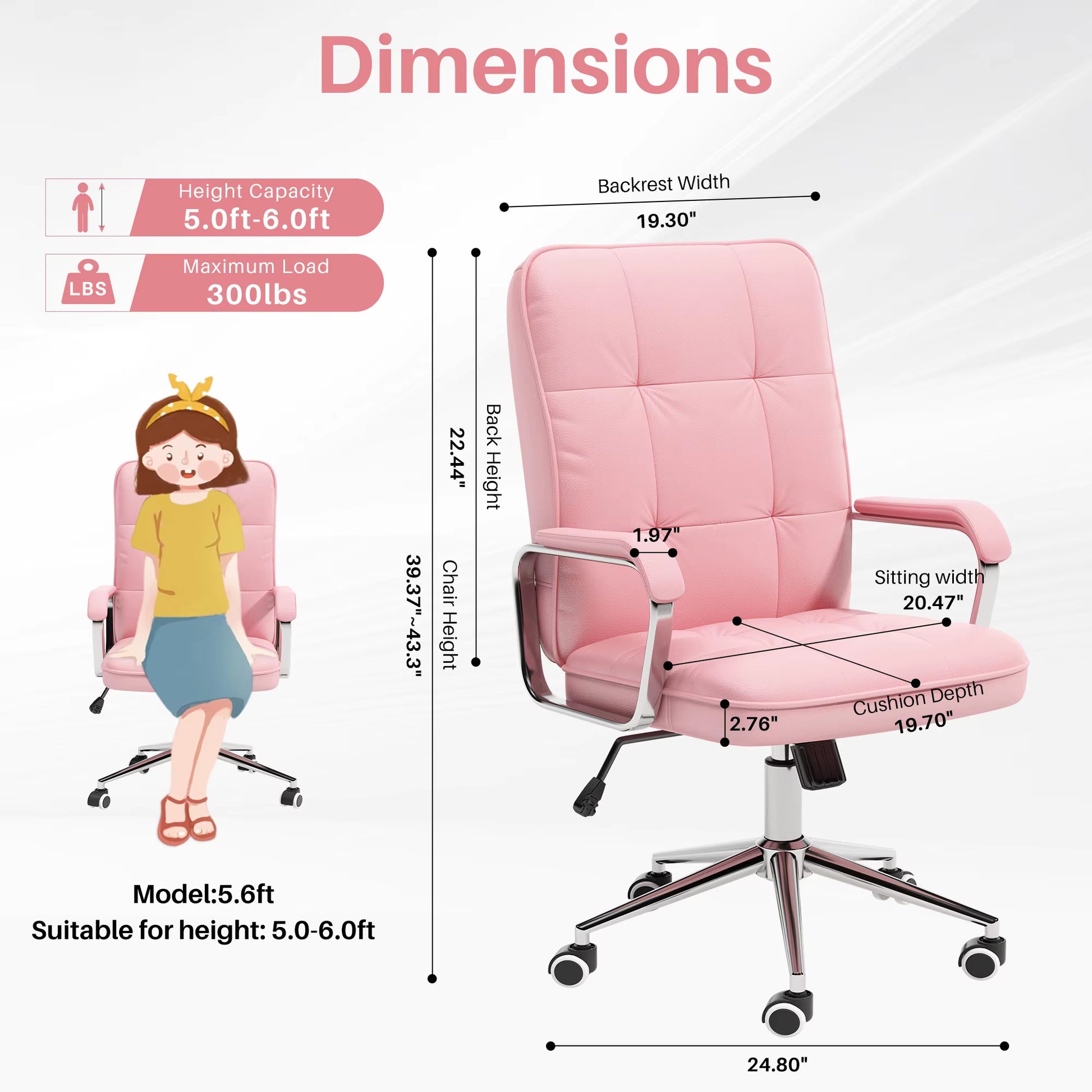 Dimensions of a pink office chair sold by WorkZen Interiors 