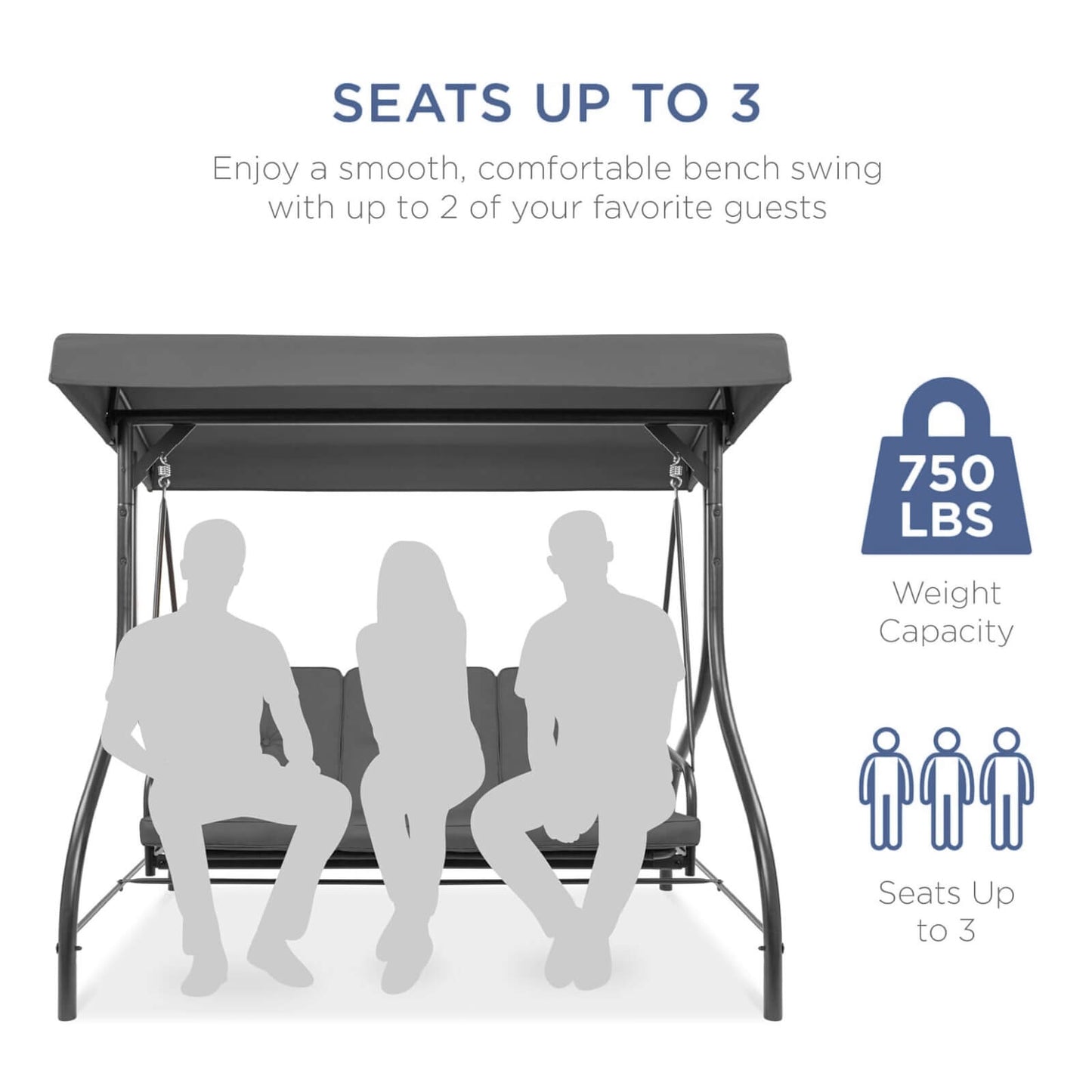 Bench swing with seating capacity and weight capacity information on a white background