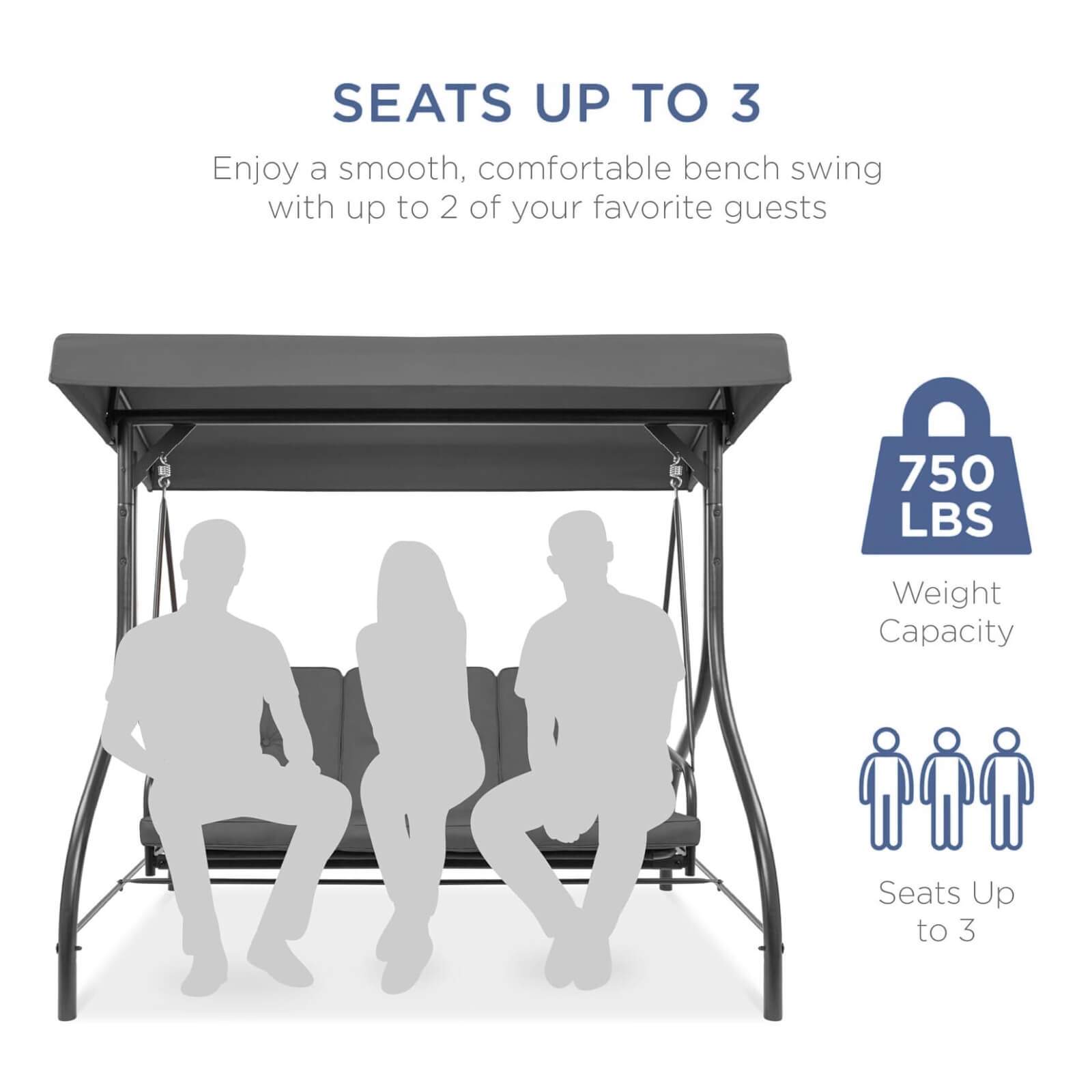 Bench swing with seating capacity and weight capacity information on a white background