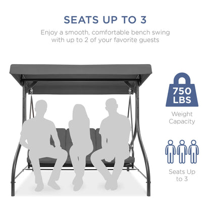 Bench swing with seating capacity and weight capacity information on a white background