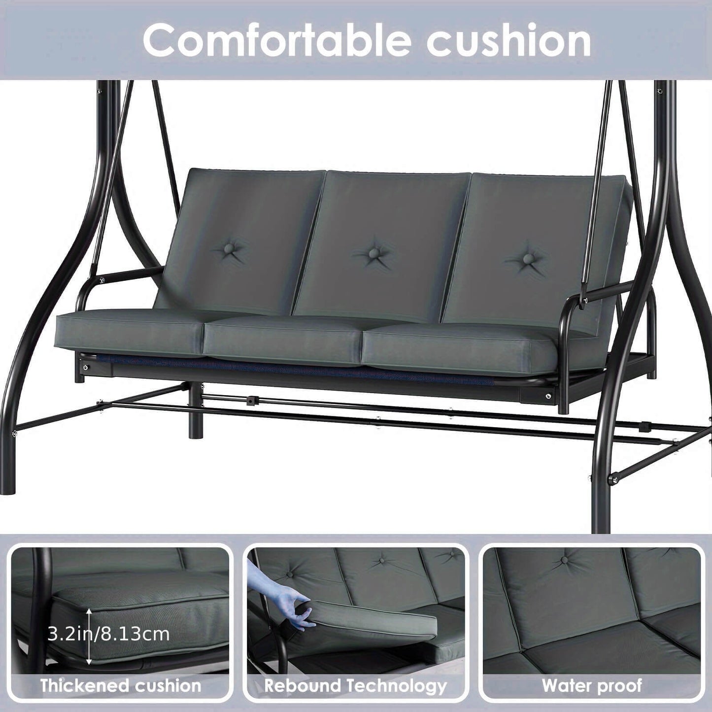 Gray cushioned swing with black metal frame on a white background