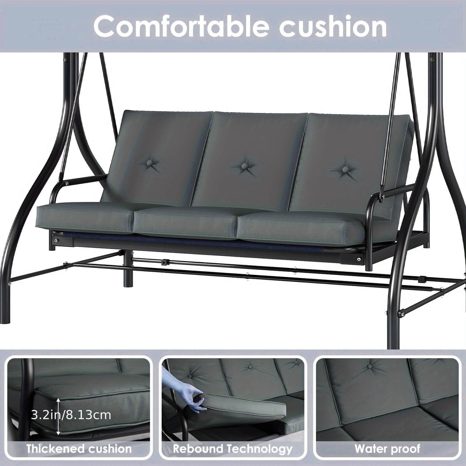 Gray cushioned swing with black metal frame on a white background