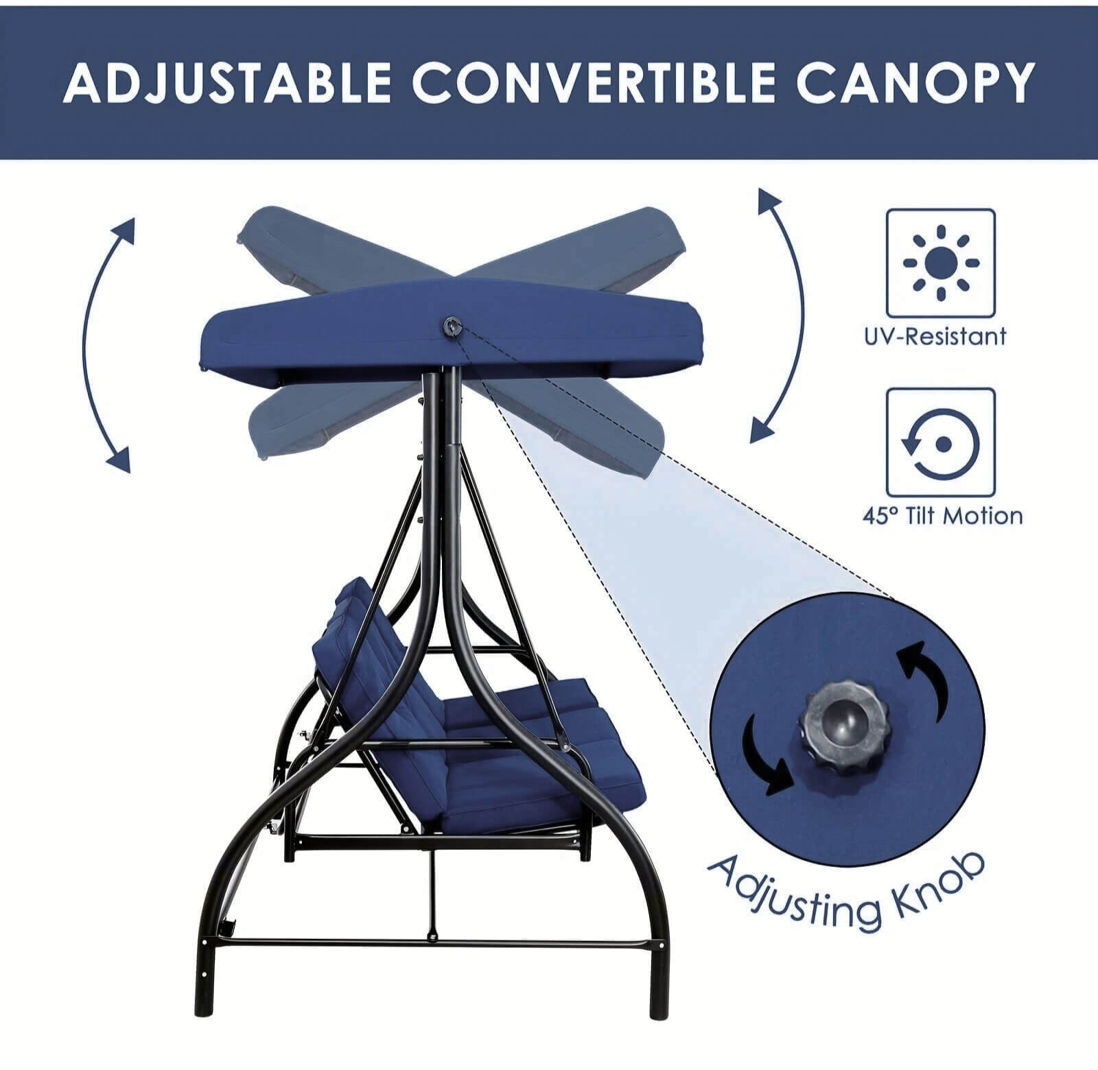 Red adjustable convertible canopy of a patio hammock chair with features highlighted on a white background