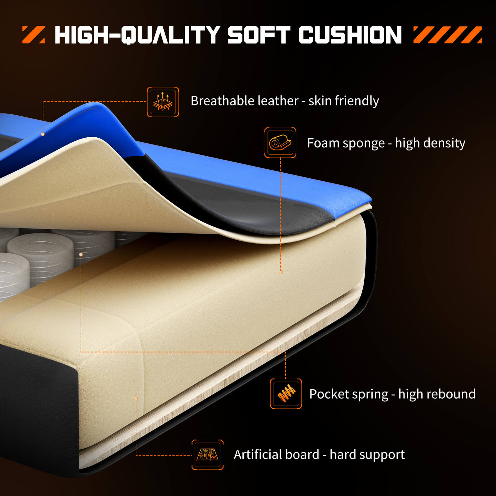 The seat composition of a blue and black Tall Gaming Chair sold by WorkZen Interiors