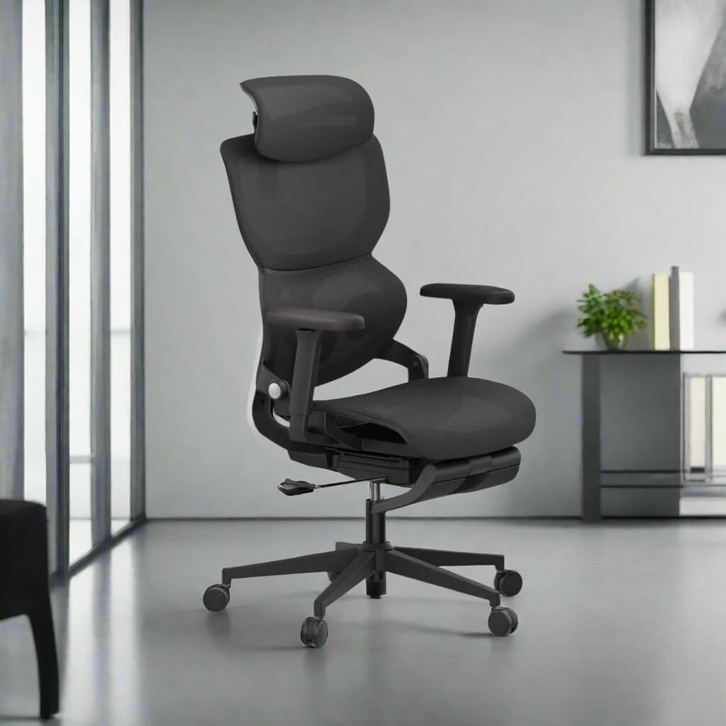 A black big and tall mesh office chair sold by WorkZen Interiors