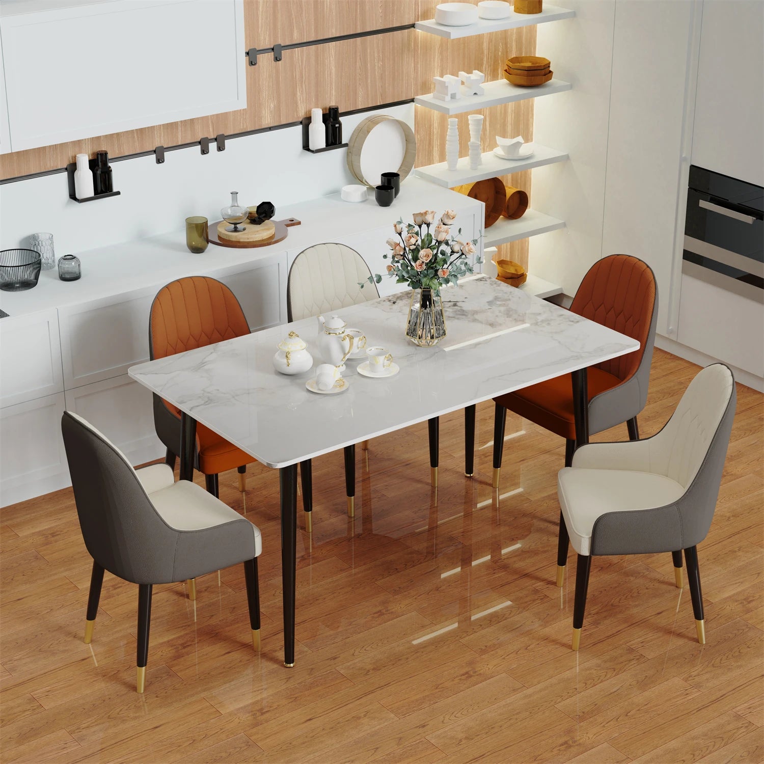 A rectangular marble cafeteria table and 4 chairs sold by WorkZen Interiors