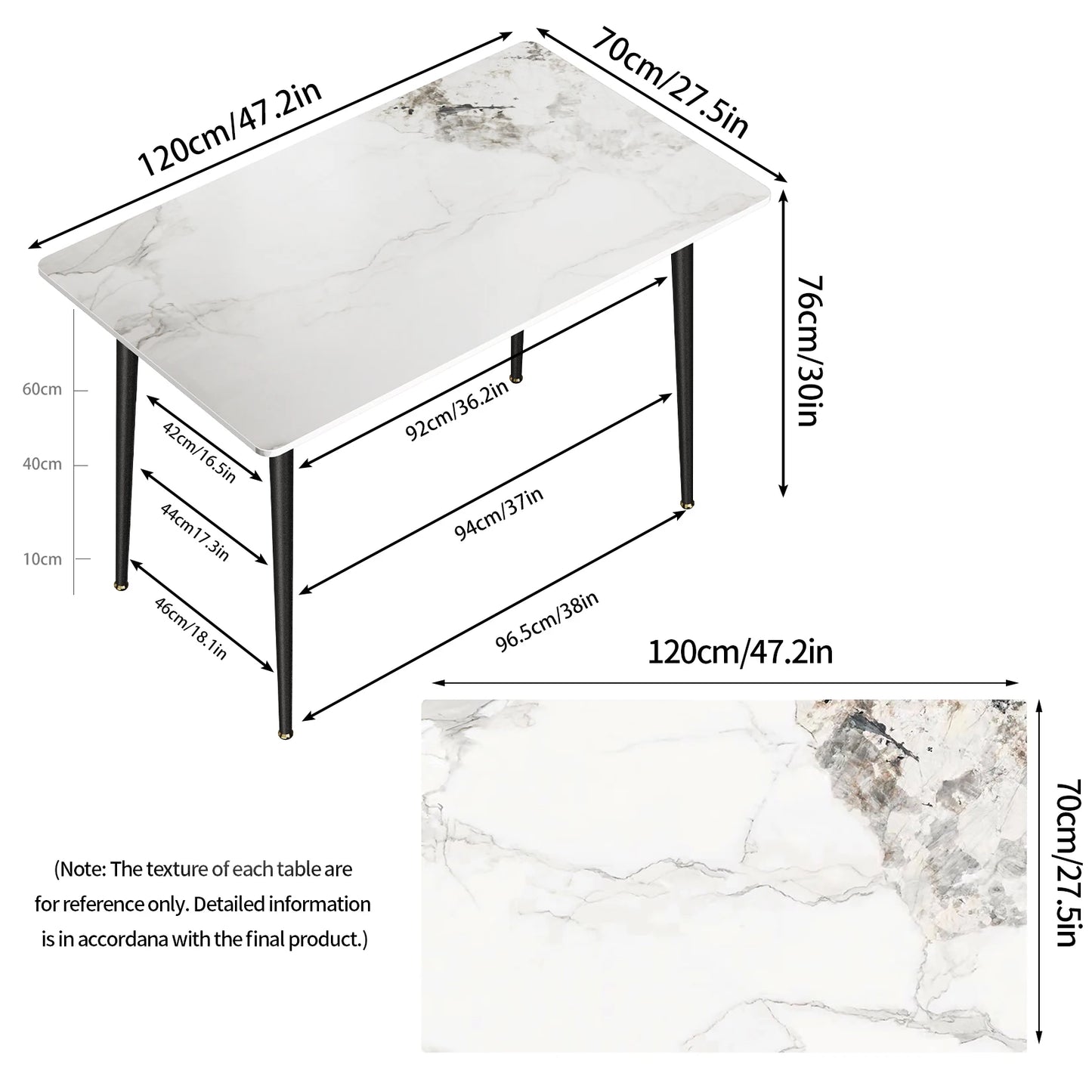 The dimension of a rectangular marble cafeteria table sold by WorkZen Interiors