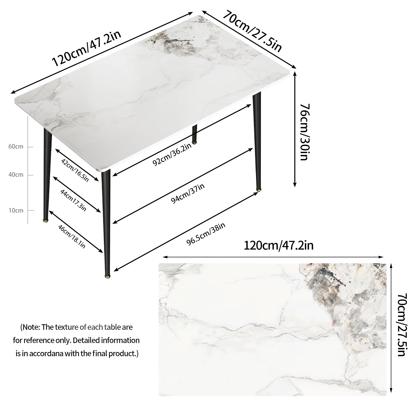 The dimension of a rectangular marble cafeteria table sold by WorkZen Interiors