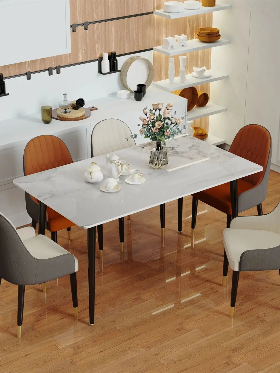 A rectangular marble cafeteria table and chairs sold by WorkZen Interiors