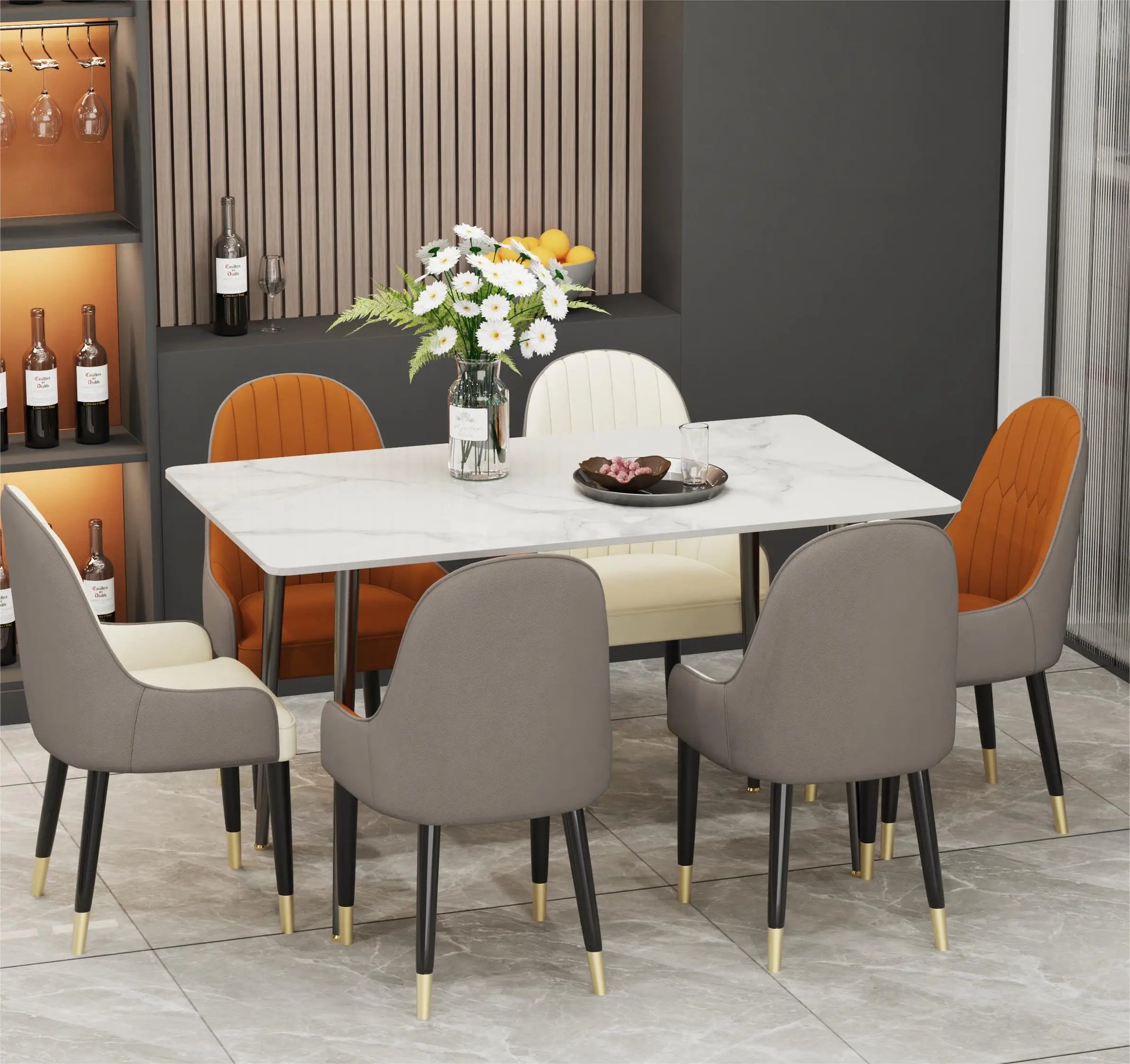 A rectangular marble cafeteria table and chairs sold by WorkZen Interiors
