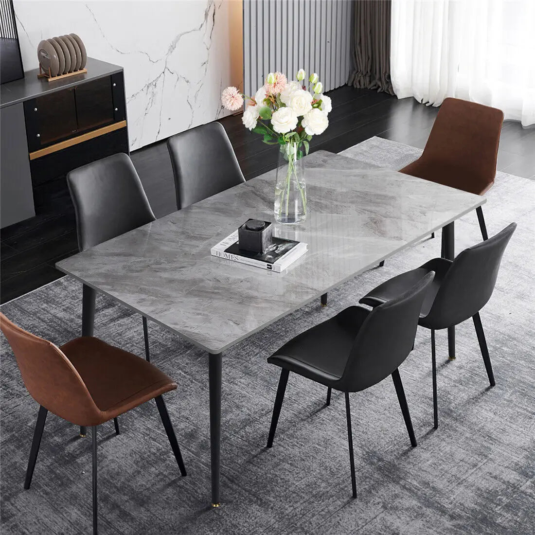 A rectangular marble cafeteria table and 6 chairs sold by WorkZen Interiors